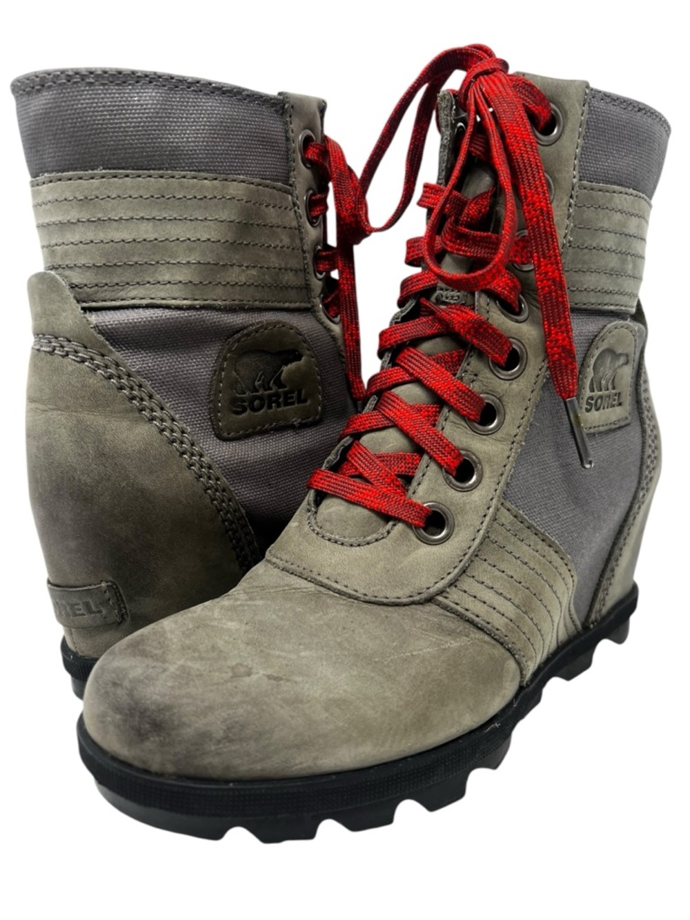 Sorel Women's Grey Lace-Up Wedge Boots with Red Laces